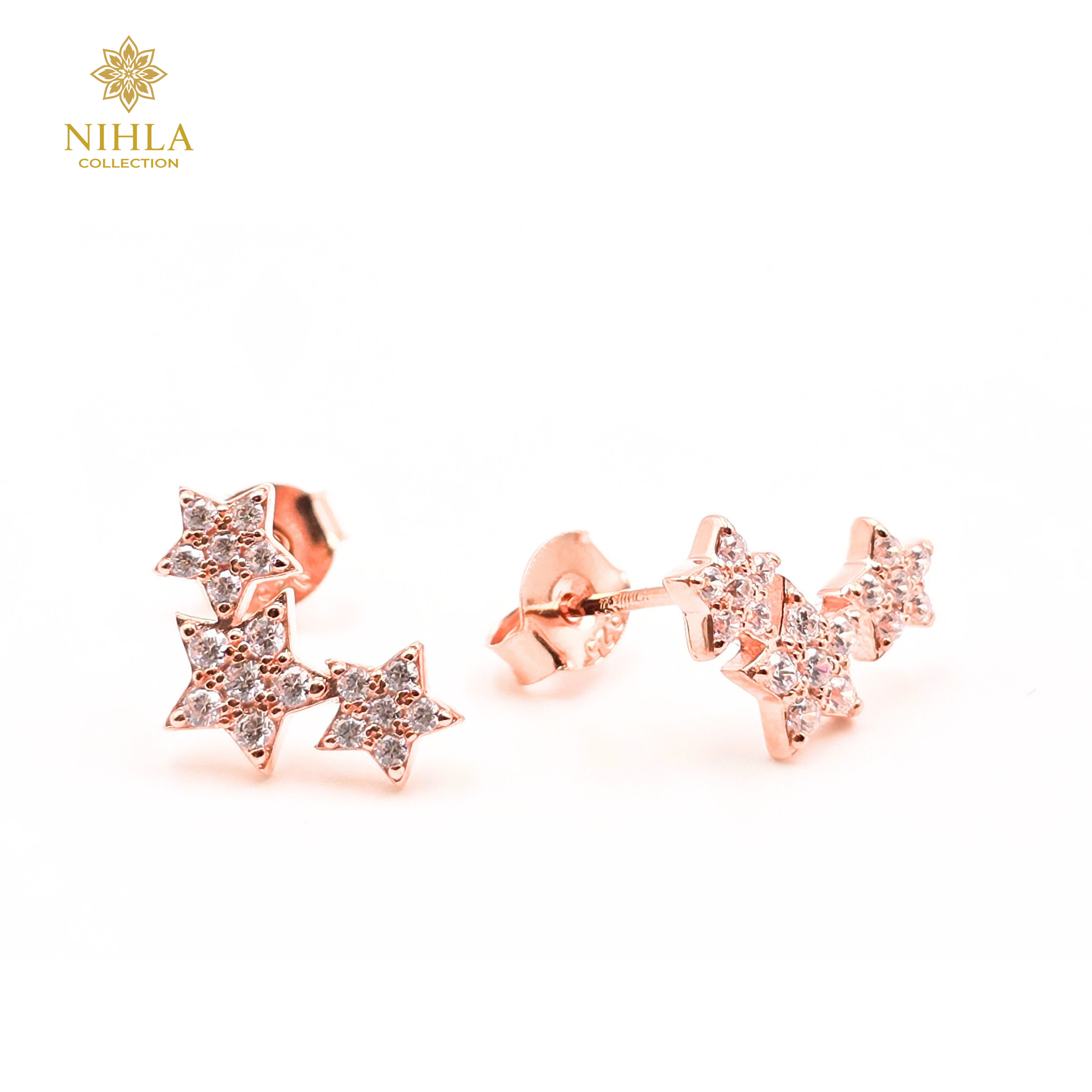 Nihla Silver Rose Gold Plated Cubic Zirconia Star Earrings