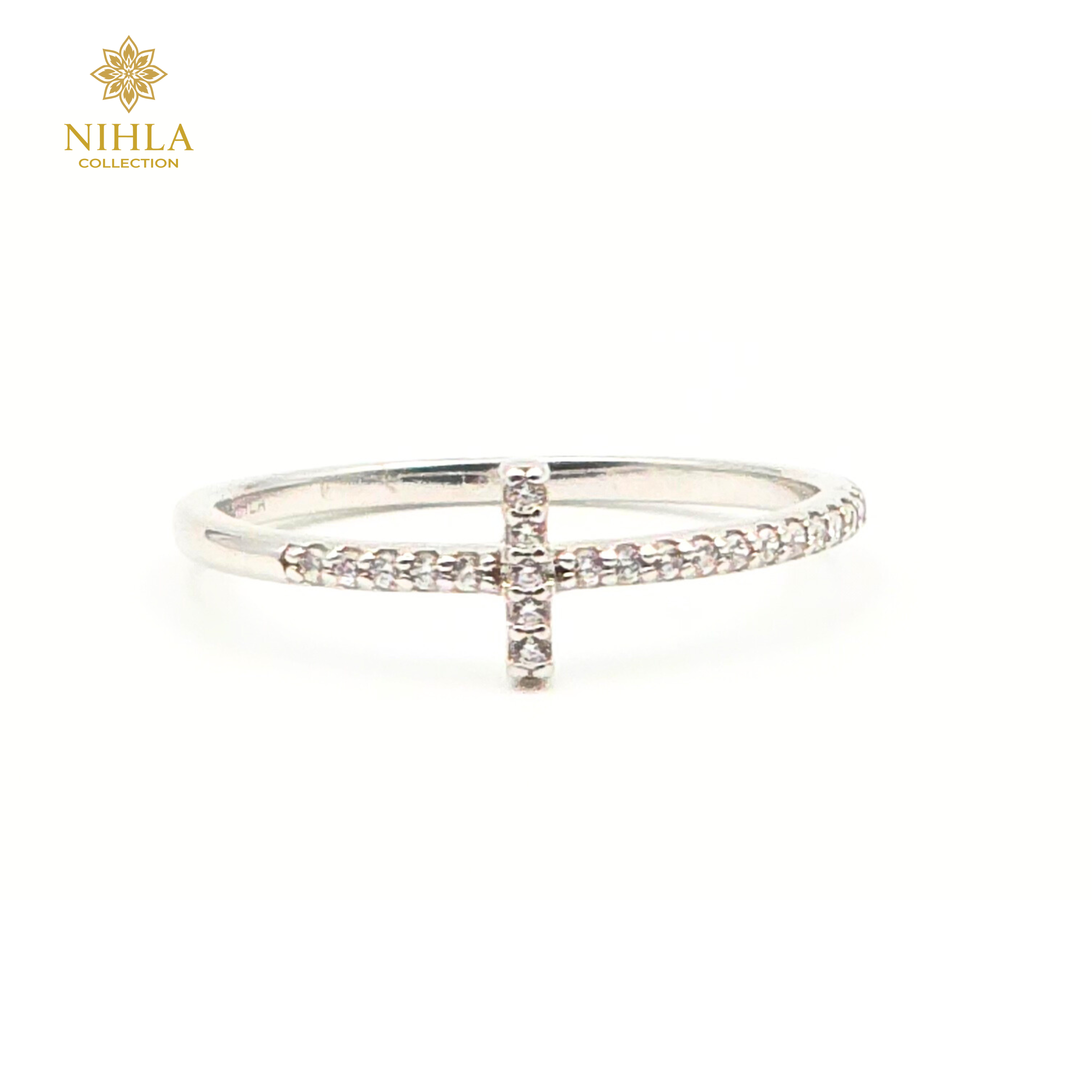 Nihla Silver Cubic Zirconia Side Cross Ring